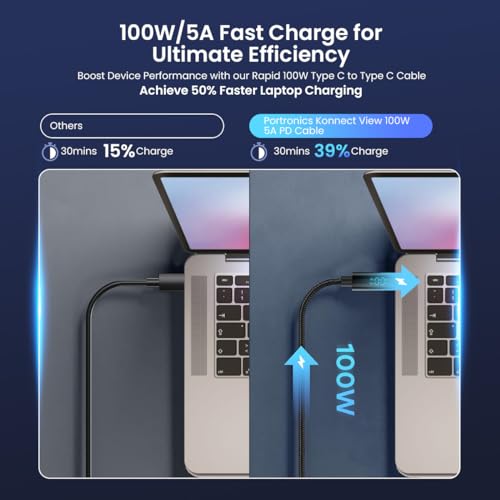 Image of Portronics Konnect View 100W Type C to Type C Cable with LED Display with 5A Max Output, Fast Data Sync, 2M Length, Tangle Resistance supports Laptop Charging(Black)
