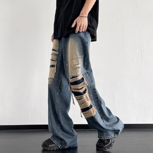 XYGJZ Men's Ripped Loose Fit Wide-Leg Baggy Long Jeans Y2k Distressed Denim Pants3