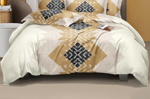 Image of 300 Tc Cotton Feel Glace Cotton Elastic Printed Fitted Bedsheets Queen Size 78 X 60 Inches||1 Elastic Bedsheet Queen Size Cotton&2 Pillow Covers(Denver),Multicolor