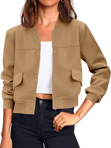 Image of Tankaneo Womens Cropped Bomber Jackets Casual Button Down Long Sleeve Stand Collar Varsity Shacket Coats