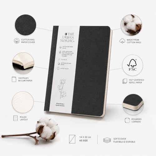 Image of Cotton Rag Paper Cover Personal Diary for Journaling, Gratitude & Daily Writing | A5 Executive Notebook for Women & Men | Softcover Ruled Journal for Office, Travel & Gifting