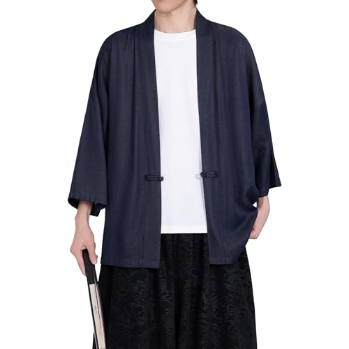 Image of PRIJOUHE Men's Kimono Jackets Cardigan Casual Cotton Blends Linen Seven Sleeve Open Front Embroidery Coat
