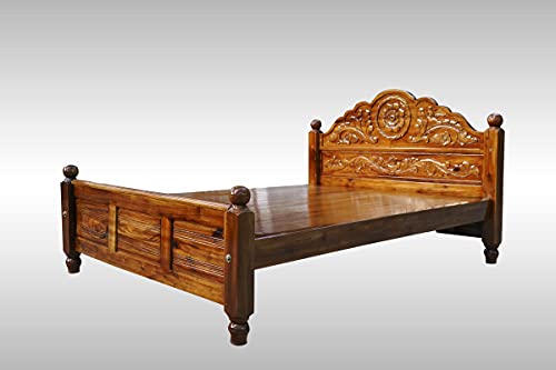 Image of Wooden Cot King Size (78 inchx72 inch) Bedsize Without Storage Teak Finish (Brown)