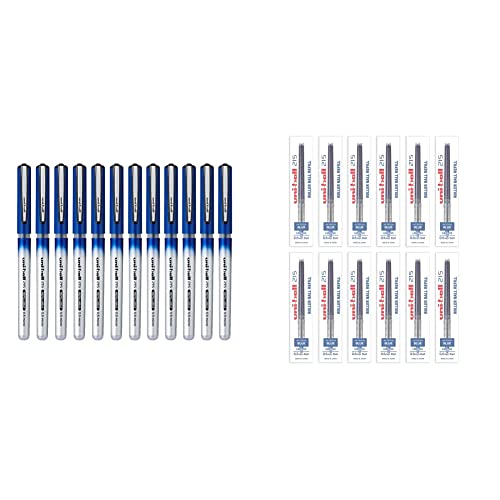 Image of uni-Ball QWiK Refill UB-215 Liquid Ink 0.5 mm Micro Roller Pen, Blue Ink, Pack of 12 & Uniball UBR-85 Refill (0.5mm, Blue Ink), Pack of 12, Usable for UB-215