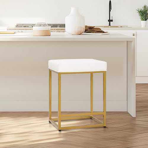 ALPHA HOME Taburete de Bar, Taburetes de Bar de Altura de Mostrador con Reposapiés, Silla de Desayuno de Cuero PU sin Respaldo, Taburete de Cocina para Interior y Exterior, Blanco