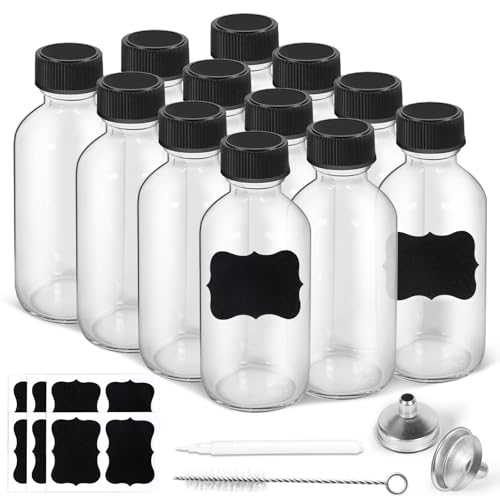 2oz Small Clear Glass Bottles with Lids 2 Stainless Steel Funnel 12 Labels 1 Chalk Marker 1 Brush - Reusable Boston Bottle for Juice Ginger Shot Wellness Oils Liquids Leakproof Travel Bottle