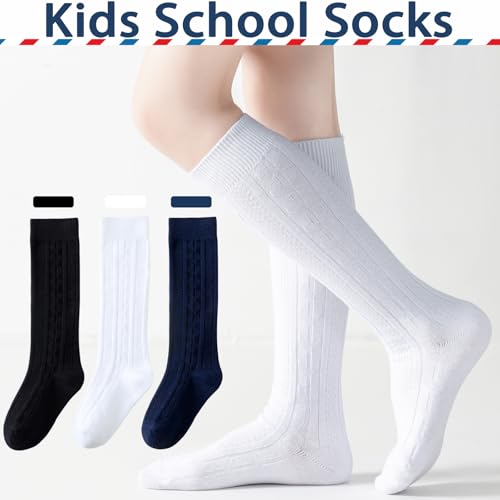 Mini angel Knee High Socks for Girls Seamless Knee Socks Cable Knit Uniform Socks Cotton Long Socks Kids Dress Socks 3 Pack3