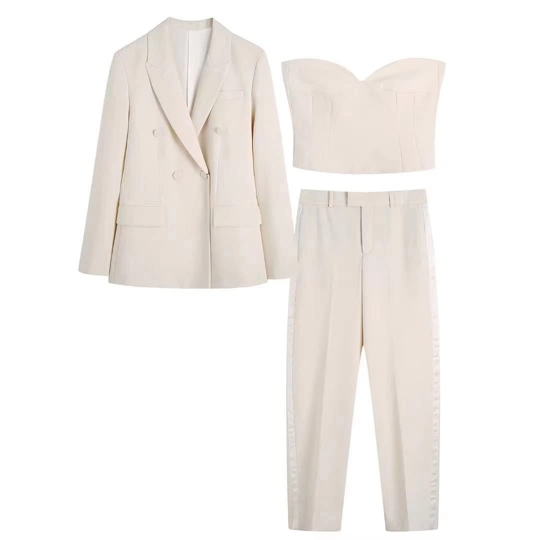 Traje ajustado de doble botonadura para mujer, 3 piezas, casual, oficina, cintura alta, pantalones sueltos, cuello en V