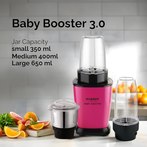 Image of Lesco 500W Mixer Grinder Blender Smoothie Maker with 3 Stainless Steel Jars and Copper Motor, 2 Years Warranty 21000 RPM Fine Grind in 20 secs, Baby Booster, Pink