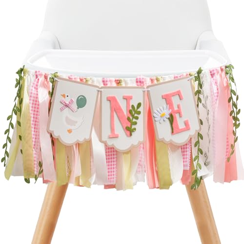 Image of Pre - stung Silly Goose High Chair Banner for Girls1st Birthday - Pink & Gold Baby Girl Cake Smash Cake Smash Props, Premium First Birthday ONE Banner Party Decoration
