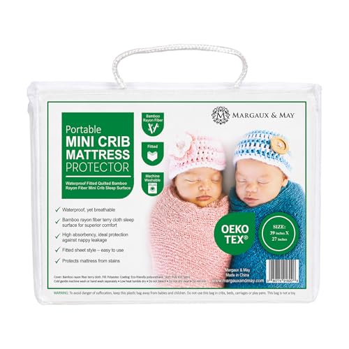 Image of Margaux & May Pack N Play Mattress Protector, Oeko-TEX Certified | 100% Waterproof, Fitted, 39 inch x 27 inch, Playard Mattress Cover, Mini Crib Mattress Protector, Soft Noiseless Protection