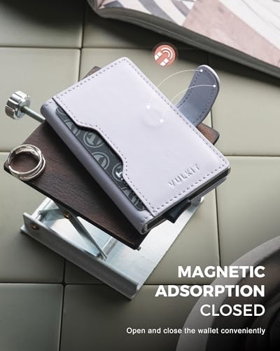 Image of VULKIT Slim Bifold Pop up Wallet Minimalist Leather Card Holder RFID Blocking Metal Card Case with ID Window for Women | with Leather Slots