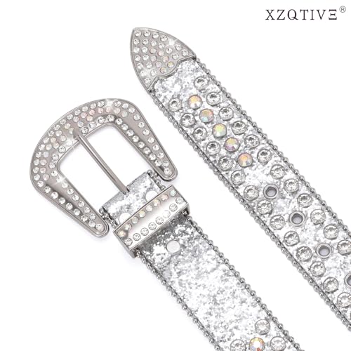 XZQTIVE Cowgirl Bling Studded Leather Belts for Jeans Pants with Rhinestone and Western Silver Buckle, Unisex(Silver Buckle, 120cm) by XZQTIVE - Image 2