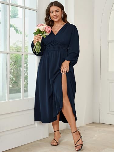 Image of SHESTARR Womens Plus Size Wedding Guest Cocktail Maxi Dress Long Sleeve Elastic Waist V-Neck A-Line Side Slit Flowy Dresses