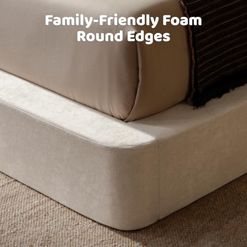 Image of RECCI Airframe Bread King Curved Cloud Platform Bed Frame | Fully Cushioned Foam Rectangular Panels and Soft Rounded Headboard, Easy to Assembly, Beige Chenille for Aesthetic Bedrooms