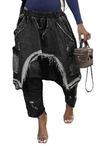 Women's Denim Harem Pants Elastic High Waisted Ripped Drop Crotch Jeans Baggy Stretchy Distressed Wide Leg Jeans