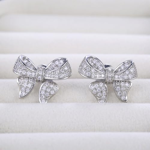 Minimalist Cubic Zirconia Bow Hypoallergenic Stud Earrings for Women Sensitive Ear Dainty Cute Silver Plated Sparkly Crystal Bowknot Studs Wedding Xmas 16mm3