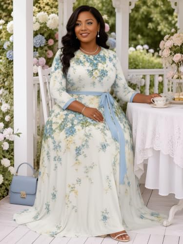 Image of Plus Size Maxi Dress for Women V Neck 3 /4 Sleeve Wrap Dress