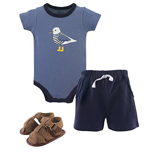 Hudson Baby Unisex Baby Cotton Bodysuit, Shorts and Shoe Set, Seagull, 9-12 Months