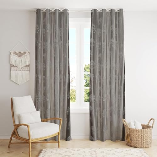 Image of Heavy Quality Punch Tree Curtains 7 Feet Long Set of 1 Pcs | Grey Door Curtains for Living Room, Bedroom | Lightweight 7 Feet Long Drapes for Home Decoration