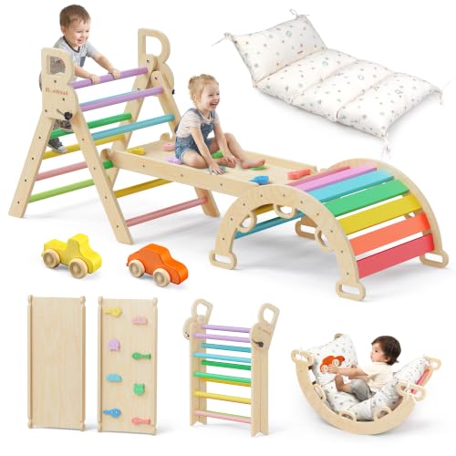 Image of BlueWood Pikler Triangle Set with Cushion, Wooden Climbing Toys for Toddler | Foldable 9-in-1 Montessori Philosophy Toddler Climbing Toys Indoor with Reversible Ramp, Arch and Ladder - Colorful