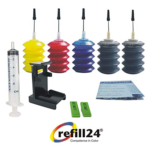 refill24 Kit de Recharge Compatible pour Cartouches d'encre HP Universel Noir et Couleur, Encre avec Clip et Accessoires Cover