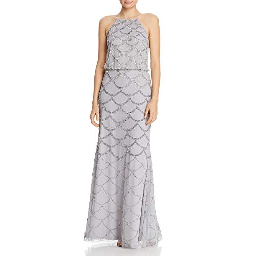 Adrianna Papell Womens Beaded Scalloped Evening Dress Silver 10
