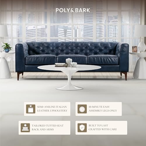 Image of POLY & BARK Essex 89 inch Full-Grain Italian Leather Sofa - Tufted Back, Feather-Down Comfort, Solid Wood Frame, Midnight Blue