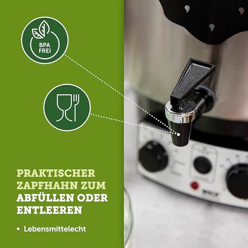 WECK Einkochautomat WAT25-A Edelstahl mit Präzisionsthermostat, Auslaufhahn & Zeitschaltuhr – 30L Einkochtopf, Glühweinkocher, Dampfentsafter, Einweckautomat – Made in Germany, hochwertig & vielseitig