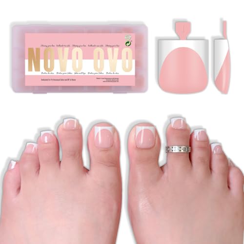 NOVO OVO Deep Curve White French Tip Toe Nail Tips Press on Baby PINK, Sharp Square Medium Pre-Designed Soft Gel Full Cover Extension, Need Builder Gel Top Coat, for DIY x 15 Sizes 240 Pcs
