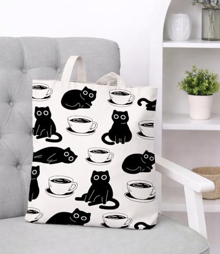 Image of Cute Cat Canvas Tote Bag for Women， Aesthetic Reusable Shoulder Bag for Shopping Travel Work