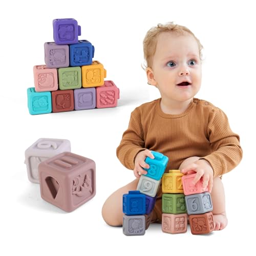 Jeux Montessori pour Bébé Et Enfants 6 Mois Et Plus - Jouet Bebe 6 Mois - Jeux Bebe 1 an 2 an 3 Ans en Silicone - 12 Cubes D'activité Bébé Sensoriel -...