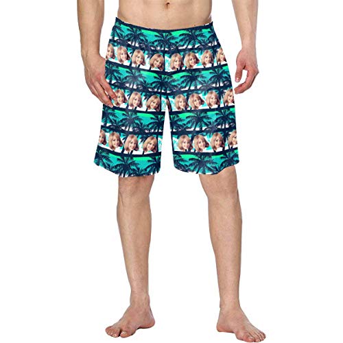 Custom Print Your Photo Funny Pet Face Swim Trunks, Personalized Tropical Forest Trees Crew Swimming Trunks Birthday Aniversary for Boys Friends Dad