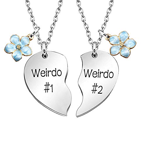 MJartoria Best Friend Necklaces BFF Necklace for 2 Friendship Valentines Day Gift Split Heart Necklace Weirdo 1 Weirdo 2 Best Friends Forever Pendant Set (S-Silver-weirdo #1-weirdo #2-flower)