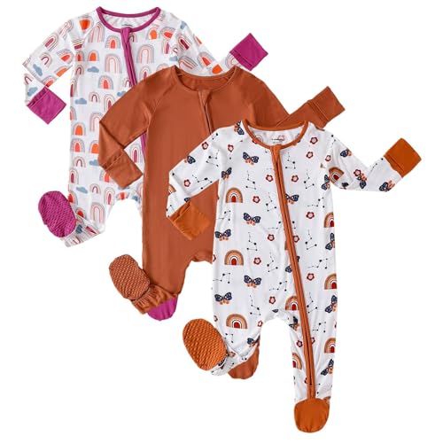 Image of OPAWO Bamboo Baby Pajamas 3 Pack, 2 Way Zipper Newborn Footie Pajamas with Mitten Cuffs, Bamboo Sleepers for Baby Girl Onesie