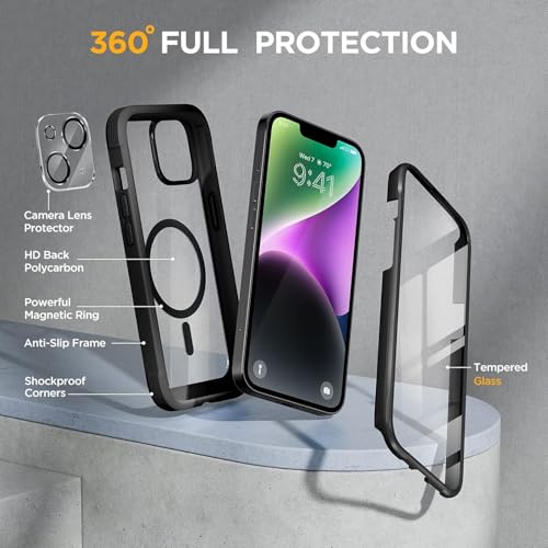 Image of Miracase Glass Series Designed for iPhone 14 Plus Case 6.7 inch, Upgrade Full-Body Magnetic Clear Case with Built-in 9H Tempered Glass Screen Protector,Compatible with MagSafe, Black