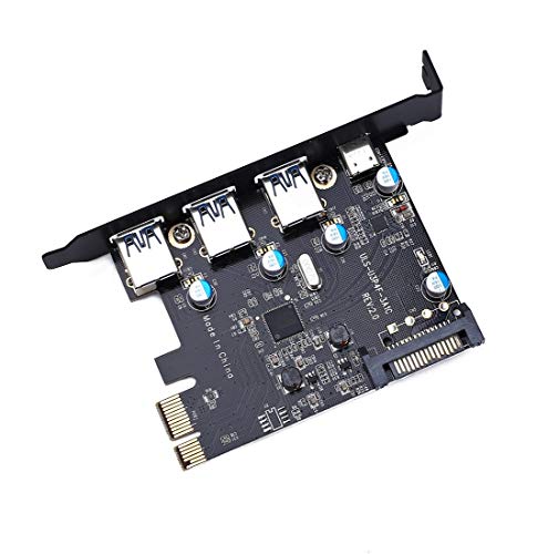 JMT PCI-E to USB 3.0/USB 3.1 PCI Express Card Type C+ 3 Type A Add Expansion Card PCI Express Controller Adapter 3X UBS3.0 + 2X USB 3.1 with 4Pin Power Cable 15Pin SATA Cable (5 Ports)