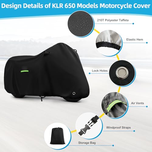 Image of Motorcycle Cover Waterproof for Kawasaki KLR 650 /R 1250 GS /Honda Africa Twin /V-Strom 1050XT, Heavy Duty Outdoor Sun UV Rain Dust All Weather Motorbike Cover with Soft Cotton Lining & Lock Hole-Balck