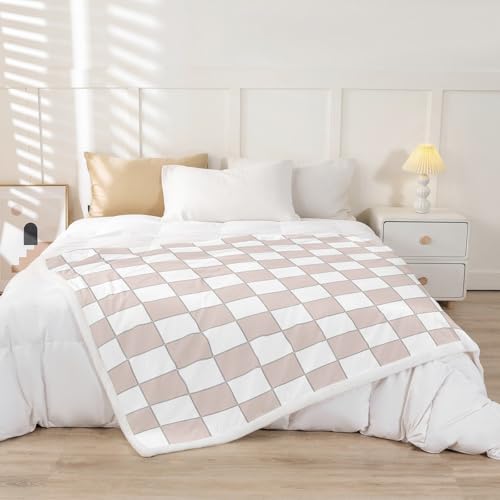 Image of Erosebridal Light Pink Checkered Sherpa Blanket Throw 50 inchX60 inch White Cream Checkerboard Fleece Bed Blanket,Buffalo Plaid Grid Throw Blanket For Kids Girls Teen Aesthetic Geometric Gingham Fuzzy Blanket