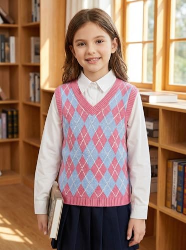 Image of SELINK Boys Girls V Neck Argyle Knit School Uniform Sweater Vest | Soft Cotton Polyester Blend Knitted Vest,Stockinette Stitch,Hand Wash Only For School Uniform Daily Wear
