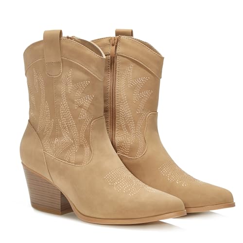 Image of PEPPEP Western Cowgirl Cowboy Ankle Boots for Women or Ladies, Mid Calf, Vegan Leather Embroidered Upper, Low Heel, Fashionable Pointed-toe, Well Made