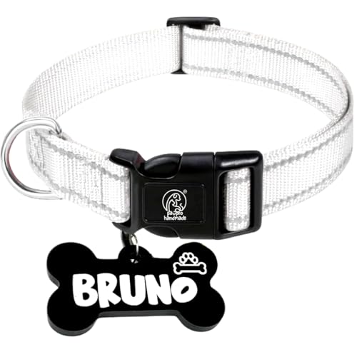 Image of PAWPRO HANDMADE Reflective Dog Collar with Customizable Bone-Shaped Tag - Adjustable for Safety and Comfort, Fits 35-50 cm Neck - Black (Silver, Large)