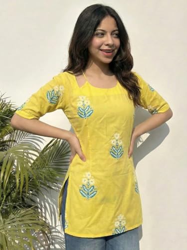 Image of ANNI Designer Women's Viscose Blend Printed Short Kurti | Straight Fit Ethnic Top with Square Neck | Bell Sleeve Indian Kurta for Office College, Party