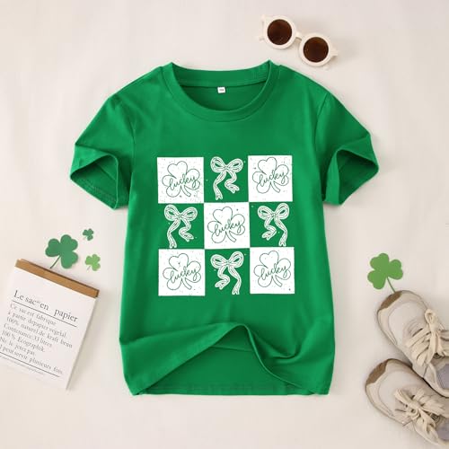 Image of GLIGLITTR Kids St Patricks Day Shirt Girls Bow Shamrock Clover Lucky Graphic T-Shirt Irish Short Sleeve Tee Tops 7-12 Years