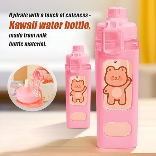 Image of Kawaii Water Bottle with Straw and Lid, 700ml /23.6OZ Cute Water Bottles BPA-free & Leak Proof Square School Drinking Bottle, Cute Plastic Color School Plastic Water Bottle for Girls (Pink)
