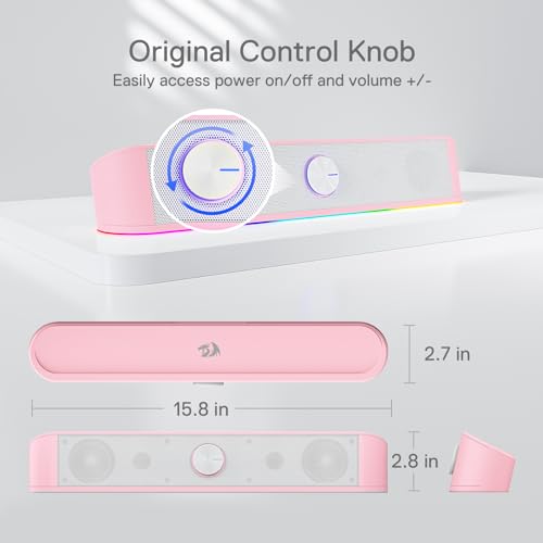 Image of Redragon GS560 RGB Desktop Soundbar, 2.0 Channel Computer Speaker with Dynamic Lighting Bar Audio-Light Sync /Display, Touch-Control Backlit with Volume Knob, USB Powered w / 3.5mm Cable, Pink