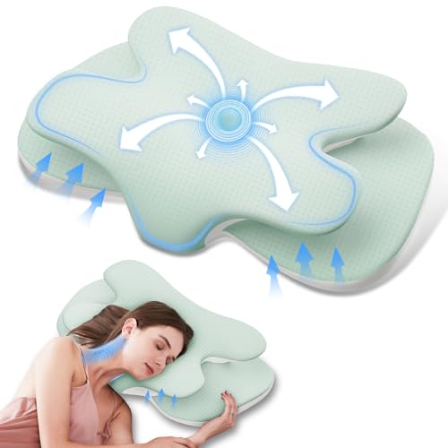 Image of Cervical Pillow for Neck Pain, Cooling Pillows for Neck and Shoulder, Memory Foam Pillow with Breathable Pillowcase, Ergonomic Contour Sleeper Pillow for Side, Back, Stomach Sleepers,Green
