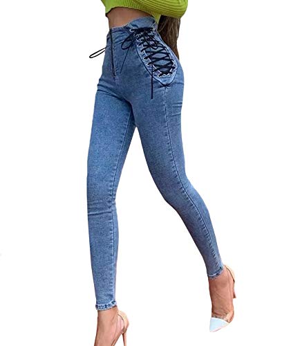 xxxiticat Women's Bandage Legging Pants High Wasit Side Criss Cross Lace Up Jeans Bodycon Skinny Denim Pencil Trousers