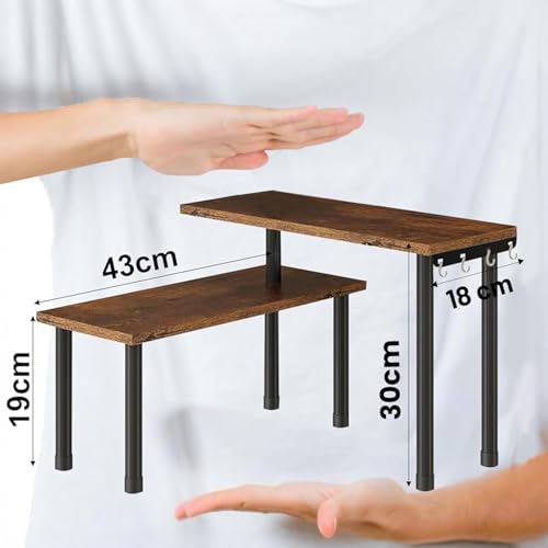 Image of ABJA Kitchen Counter Top Organizer, Shelf Rack for Kitchen Storage, Wooden Corner Shelf, 2 Tier Spice, Oil Stand, Tabletop Adjustable Rack for Makeup, Office (Rustic Brown, 2 Tier Corner Rack)