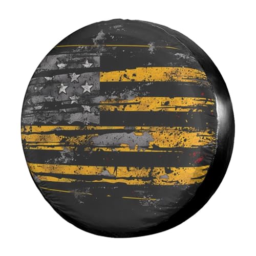 Image of Distressed American Flag Thin Yellow Spare Tire Cover Dust-Proof Wheel Tire Cover Fit Trailer, RV, SUV and Many Vehicle 15 Inch